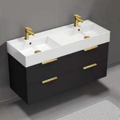 48 inch Double Floating Bathroom Vanity With Sink - Modern, Matte Black, Gold Handles